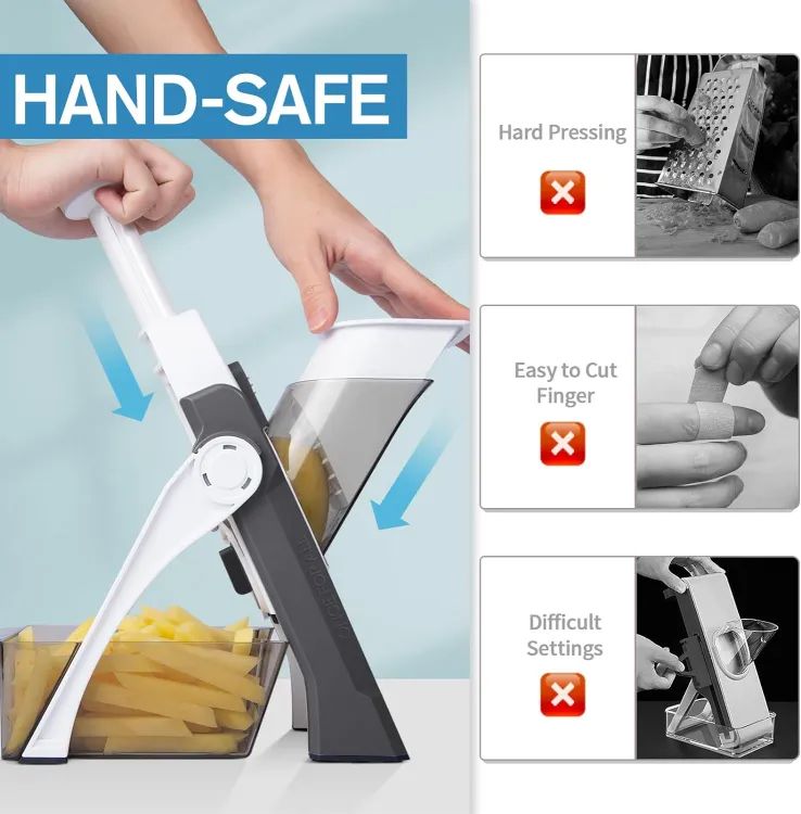 Picture of 5 in 1 Adjustable Mandoline Slicer for Cooking and Food Prep Slicing, Strips, Shredding and Dicing Kitchen Veggie Chopper Artifact Vegetable Mandoline Adjustable Stainless Steel Blade, Vegetable Slicer, Onion Slicer, Non-Slip Base - Multicolor