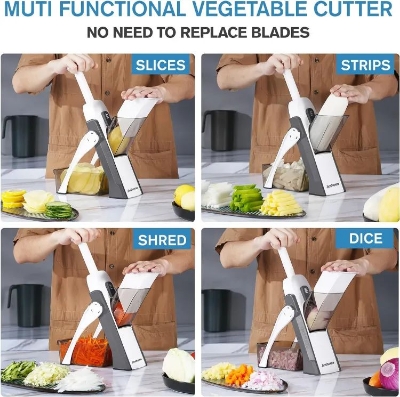 Picture of 5 in 1 Adjustable Mandoline Slicer for Cooking and Food Prep Slicing, Strips, Shredding and Dicing Kitchen Veggie Chopper Artifact Vegetable Mandoline Adjustable Stainless Steel Blade, Vegetable Slicer, Onion Slicer, Non-Slip Base - Multicolor