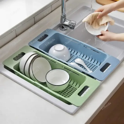 Picture of Retractable Drain Basket Sink Drain Basket Rectangular Drain Basin Kitchen Household Plastic Wash Basin Drain Bowl Rack-The Asia Express - Multicolor