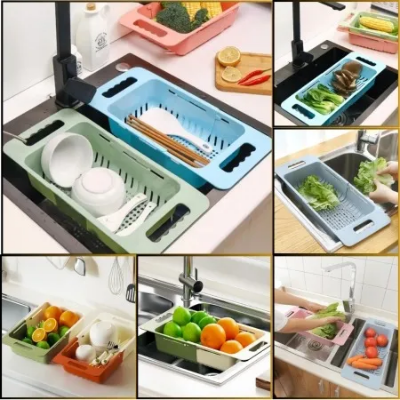 Picture of Retractable Drain Basket Sink Drain Basket Rectangular Drain Basin Kitchen Household Plastic Wash Basin Drain Bowl Rack-The Asia Express - Multicolor