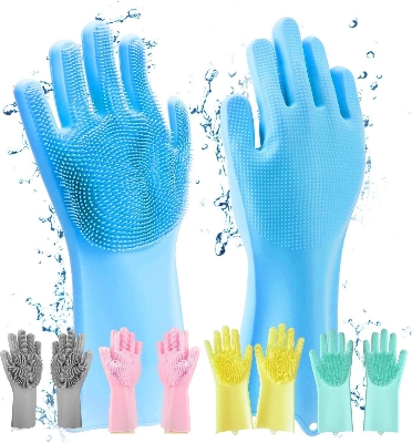 Picture of Silicone Dishes Washing Glove with Cleaning Brush Kitchen Housekeeping Washing Glove 100% Food Grade Dishwashing Gloves Pet Grooming Cleaning Gloves Dog Cat Bathing Shampoo Glove Scrubber- The Asia Express - Multicolor