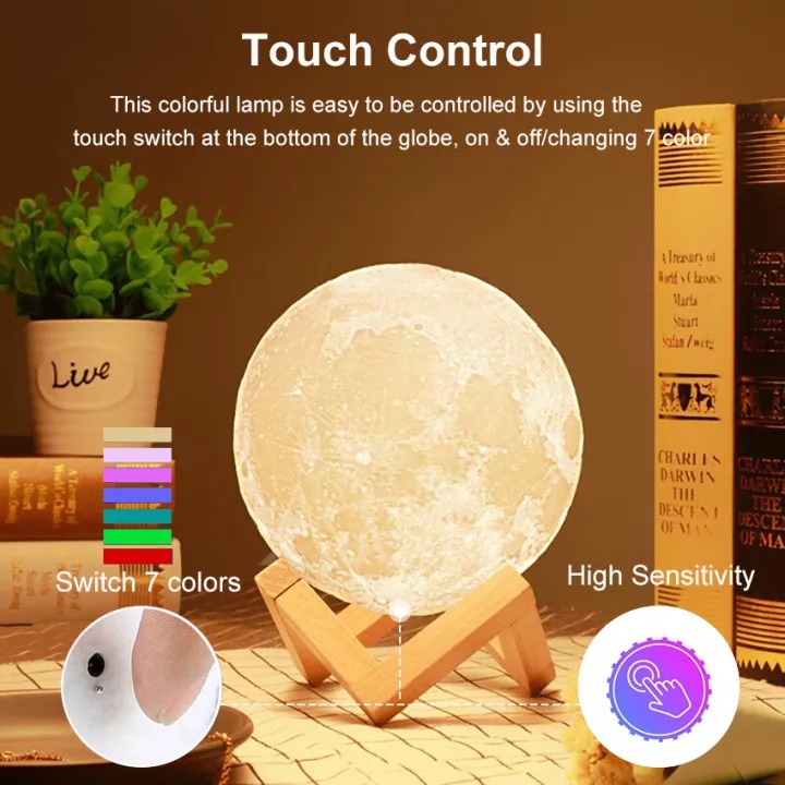 Picture of 3D Moon Lamp – 7-Color Changeable 15cm LED Moon Night Light with Touch Sensor, Wooden/Metal Stand & USB Charging – Romantic Bedroom Decor, Bedside Lamp, Valentine & Festival Gift- The Asia Express