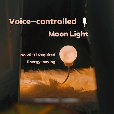 Picture of New Design USB Energy-Saving Voice-Controlled Night Light, Moon-Shaped Plug-In Lamp, 3 Lighting Modes,  Rotating Ambient Light for Home & Bedroom- The Asia Express - White