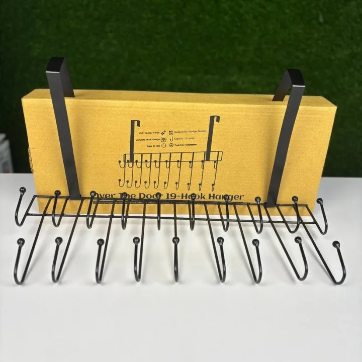 Picture of Magic Door Hanger with 19 Hooks – 2 Step Space Saver Over-the-Door Steel Organizer for Clothes, Coats, Pants & Kitchen Items - The Asia Express - Black