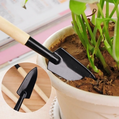 Picture of pcs Mini Garden Shovel Rake Spade Bonsai Tools Set Wooden Handle for Flowers Potted Plant Garden Tools Weeding Tools - Black