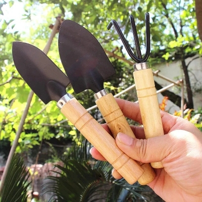 Picture of pcs Mini Garden Shovel Rake Spade Bonsai Tools Set Wooden Handle for Flowers Potted Plant Garden Tools Weeding Tools - Black