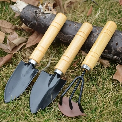Picture of pcs Mini Garden Shovel Rake Spade Bonsai Tools Set Wooden Handle for Flowers Potted Plant Garden Tools Weeding Tools - Black