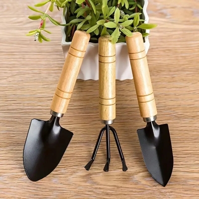 Picture of pcs Mini Garden Shovel Rake Spade Bonsai Tools Set Wooden Handle for Flowers Potted Plant Garden Tools Weeding Tools - Black