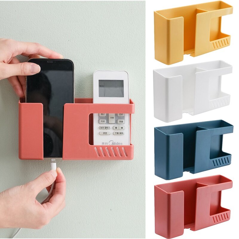 Picture of 2 in 1 Wall-mounted Mobile Phone Remote Control Storage Box Multifunctional Punch-free Storage Rack Wall Debris Storage Holder - Multicolor