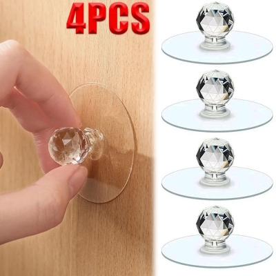 Picture of 4 Pcs New Self Adhesive Hook Knobs Cupboard Drawer Pull Handle Knobs Brand Acrylic No Drilling Mirror Cabinet Handles Furniture Drawer Diamond Shape Hook - CLEAR