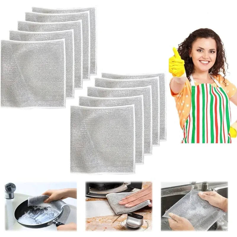 Picture of Asia Express 2/5/10pcs Multipurpose Wire Dishwashing Rag for Wet and Dry Double Layer Non-Scratch Wire Dishcloth Rag Iron Scrubber Microfiber Dishcloth