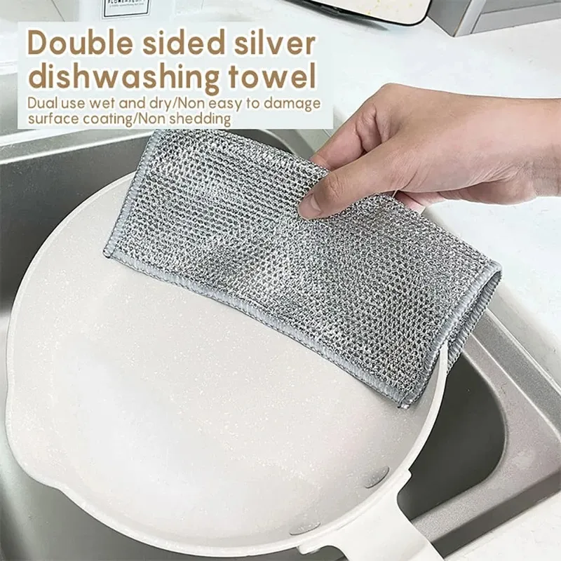 Picture of Asia Express 2/5/10pcs Multipurpose Wire Dishwashing Rag for Wet and Dry Double Layer Non-Scratch Wire Dishcloth Rag Iron Scrubber Microfiber Dishcloth