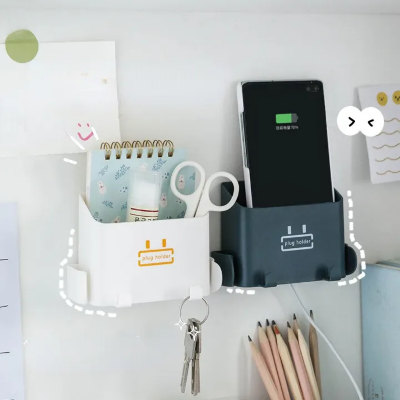 Picture of 1pcs Wall Mounted Organizer Storage Box Remote Control Mounted Mobile Phone Plug Wall Holder Charging Multifunction Holder StandPlastic Square Shaped Charging Rack Conditioner Remote Wall Mounted Shelf - Stylish Design - Multicolor