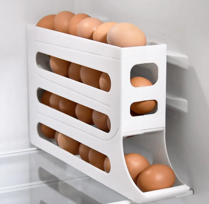 Picture of Slide Egg Storage Box Refrigerator Side Door Storage Box Automatic Scrolling Egg Holder Tray 4 Layer Rolling Egg Dispenser Rack-The Asia Express - Yellow
