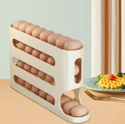 Picture of 4 Layer Egg Storage Box Refrigerator Side Door Storage Box Automatic Scrolling Egg Holder Tray Rolling Egg Dispenser Rack - Yellow