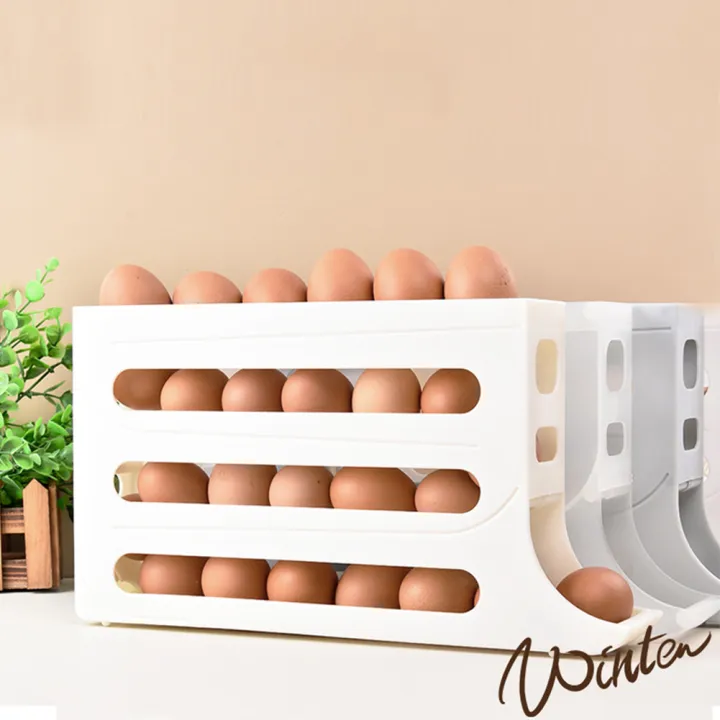 Picture of 4 Layer Egg Storage Box Refrigerator Side Door Storage Box Automatic Scrolling Egg Holder Tray Rolling Egg Dispenser Rack - Yellow
