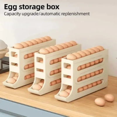 Picture of 4 Layer Egg Storage Box Refrigerator Side Door Storage Box Automatic Scrolling Egg Holder Tray Rolling Egg Dispenser Rack - Yellow