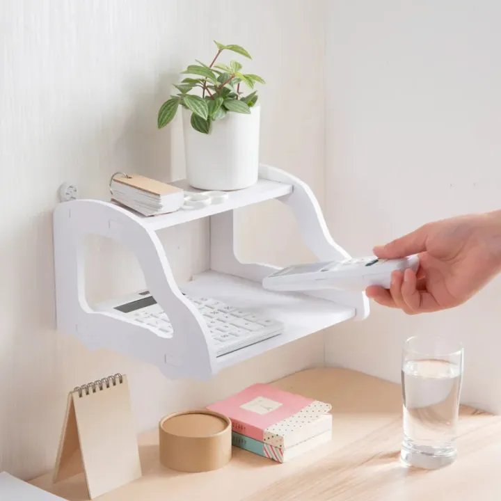 Picture of PVC Wall Wifi Router Shelf Living Room TV Set-top Box Shelf Car Router Storage Rack Multimedia Storage Shelf 2 Layer Mordern Shelf - White