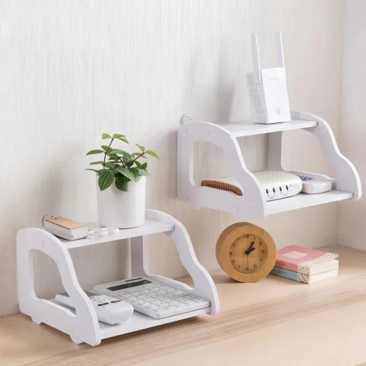 Picture of PVC Wall Wifi Router Shelf Living Room TV Set-top Box Shelf Car Router Storage Rack Multimedia Storage Shelf 2 Layer Mordern Shelf - White