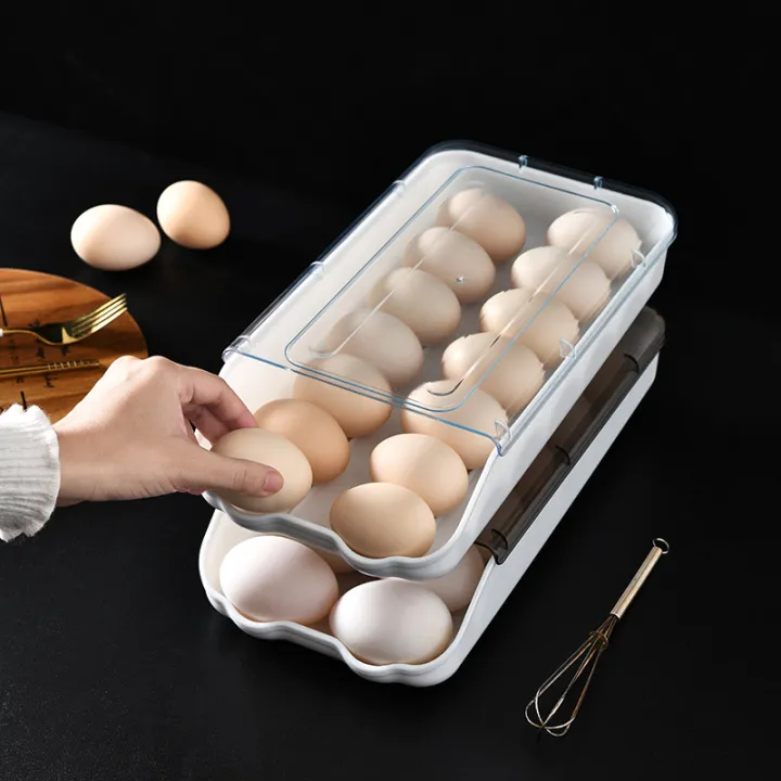 Picture of Refrigerator Egg Storage Fresh Box Rolling Slide Box Dumpling Box Household Eggs Plastic Holder Food Storage Organization-The Asia Express - White
