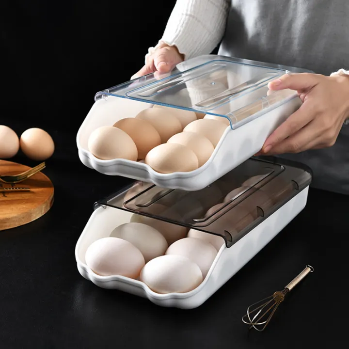 Picture of Refrigerator Egg Storage Fresh Box Rolling Slide Box Dumpling Box Household Eggs Plastic Holder Food Storage Organization-The Asia Express - White