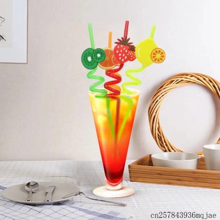 Picture of 3D Fruit Shape Drinking Straws Reusable Straw Cartoon Lime Lemon Pineapple Watermelon Plastic Spiral Drinking Straws,Juice Pipe Multi Design-The Asia Express - Multicolor