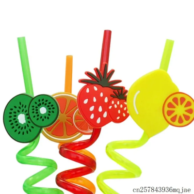 Picture of 3D Fruit Shape Drinking Straws Reusable Straw Cartoon Lime Lemon Pineapple Watermelon Plastic Spiral Drinking Straws,Juice Pipe Multi Design-The Asia Express - Multicolor