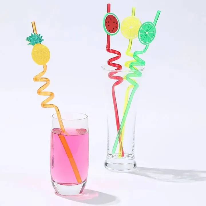 Picture of 3D Fruit Shape Drinking Straws Reusable Straw Cartoon Lime Lemon Pineapple Watermelon Plastic Spiral Drinking Straws,Juice Pipe Multi Design-The Asia Express - Multicolor