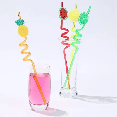 Picture of 3D Fruit Shape Drinking Straws Reusable Straw Cartoon Lime Lemon Pineapple Watermelon Plastic Spiral Drinking Straws,Juice Pipe Multi Design-The Asia Express - Multicolor