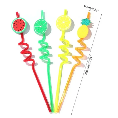 Picture of 3D Fruit Shape Drinking Straws Reusable Straw Cartoon Lime Lemon Pineapple Watermelon Plastic Spiral Drinking Straws,Juice Pipe Multi Design-The Asia Express - Multicolor