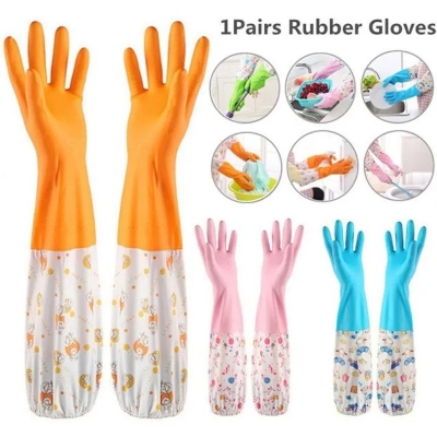 Picture of 1Pair Lengthen Dishwashing Cleaning Glove Durable Waterproof Cleaning Rubber Long Sleeves for Dish Washing Velvet Lining Household Glove- The Asia Express - Multicolor