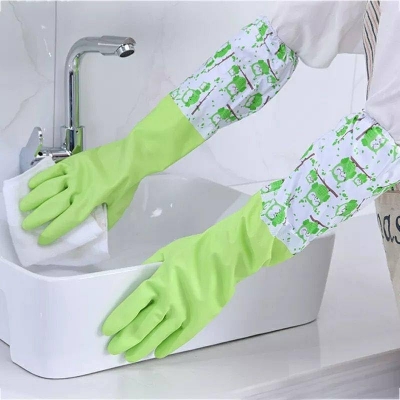 Picture of 1Pair Lengthen Dishwashing Cleaning Glove Durable Waterproof Cleaning Rubber Long Sleeves for Dish Washing Velvet Lining Household Glove- The Asia Express - Multicolor