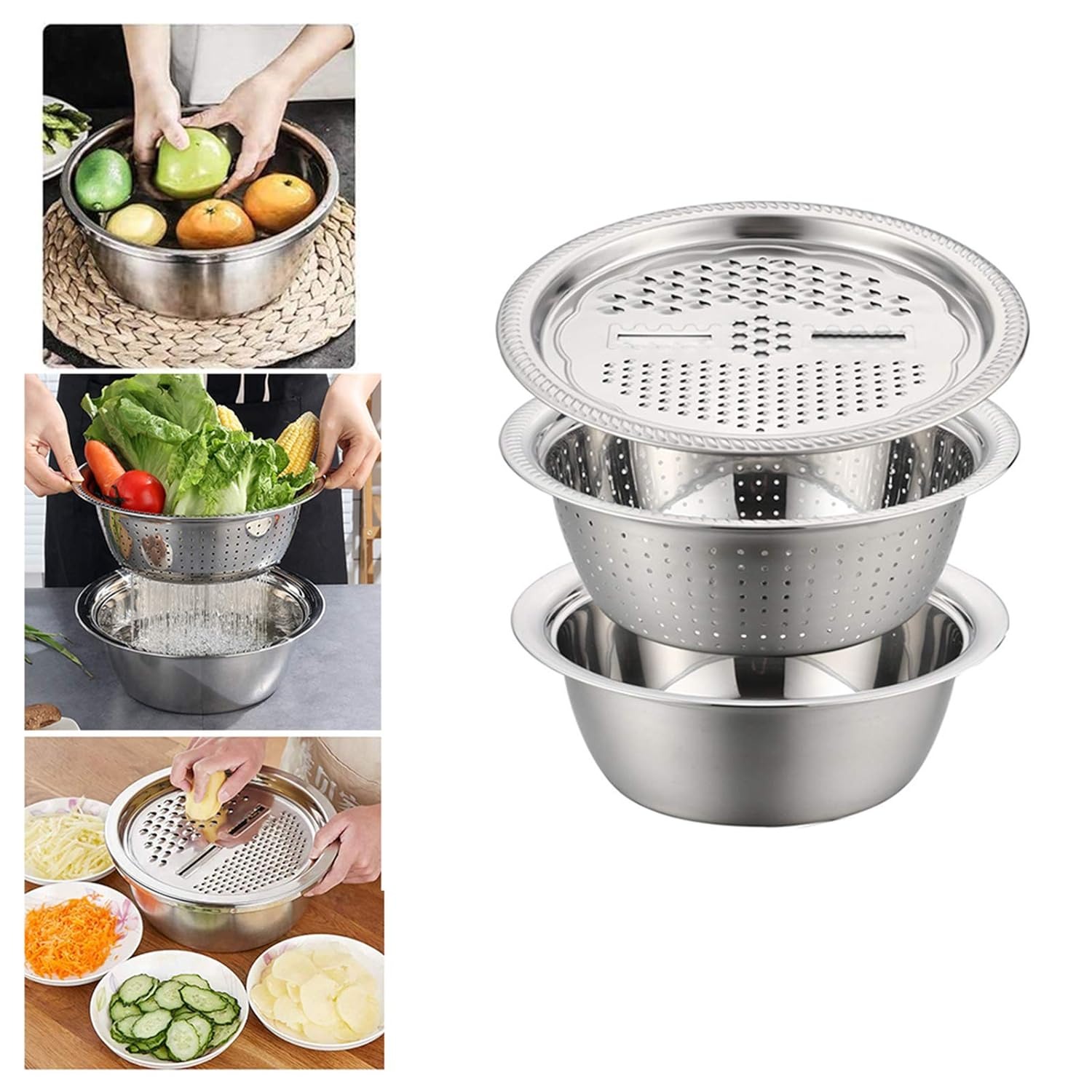 Picture of Germany Multifunctional Stainless Steel Basin Set Mixing Bowl Set Grater Bowl 3 In 1 Salad Maker Bowl Mixing Bowl Set With Drain- The Asia Express