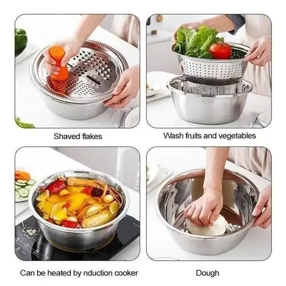 Picture of Germany Multifunctional Stainless Steel Basin Set Mixing Bowl Set Grater Bowl 3 In 1 Salad Maker Bowl Mixing Bowl Set With Drain- The Asia Express
