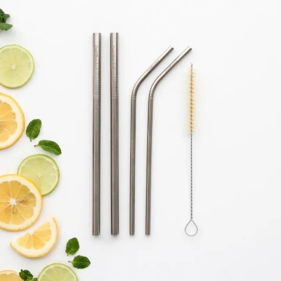 Picture of 4 Pcs Reusable Stainless Steel Drinking Straws Set Metal Straw Pack with 1 Cleaning Brush Eco-Friendly Reusable Straws for Juice, Coffee, Tea & Cold Drinks- The Asia Express - Silver