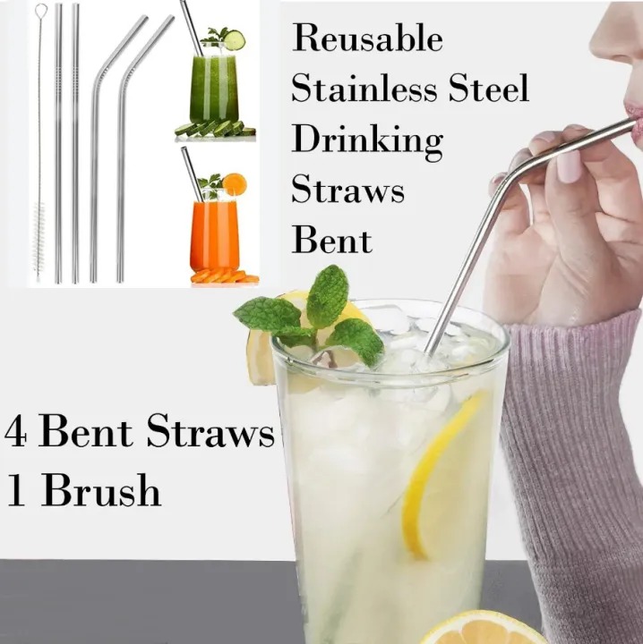 Picture of 4 Pcs Reusable Stainless Steel Drinking Straws Set Metal Straw Pack with 1 Cleaning Brush Eco-Friendly Reusable Straws for Juice, Coffee, Tea & Cold Drinks- The Asia Express - Silver