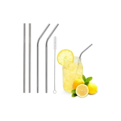 Picture of 4 Pcs Reusable Stainless Steel Drinking Straws Set Metal Straw Pack with 1 Cleaning Brush Eco-Friendly Reusable Straws for Juice, Coffee, Tea & Cold Drinks- The Asia Express - Silver