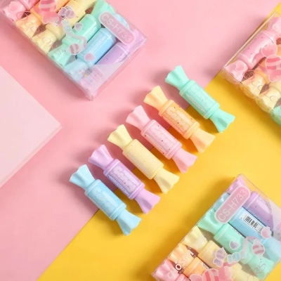 Picture of 6 Pcs Mini Cute Candy Shape Dual Tip Highlighter Pens – Fluorescent Water-Based Ink Markers with Fruit Scent | Double-End Coloring & Drawing Stationery for Students & Kids - The Asia Express - Multicolor