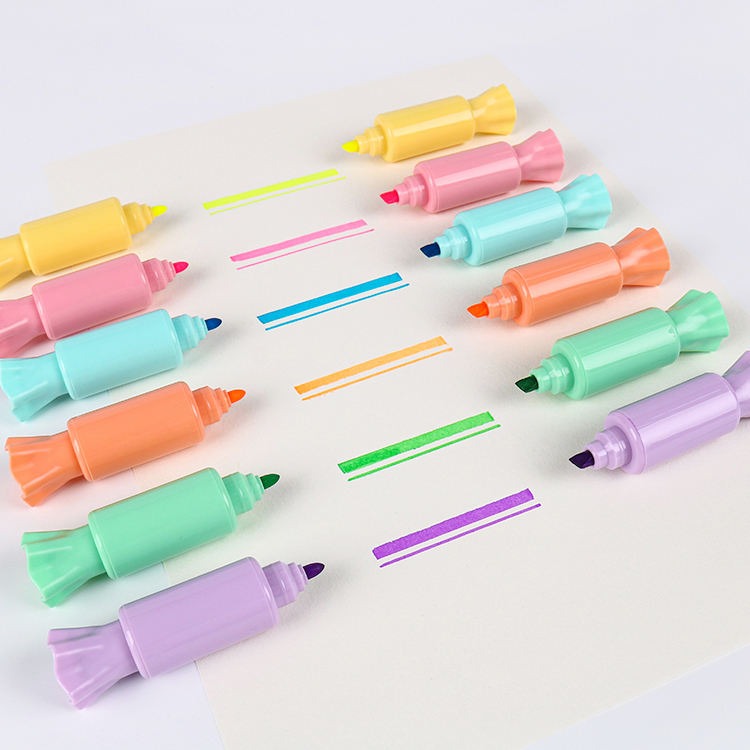 Picture of 6 Pcs Mini Cute Candy Shape Dual Tip Highlighter Pens – Fluorescent Water-Based Ink Markers with Fruit Scent | Double-End Coloring & Drawing Stationery for Students & Kids - The Asia Express - Multicolor