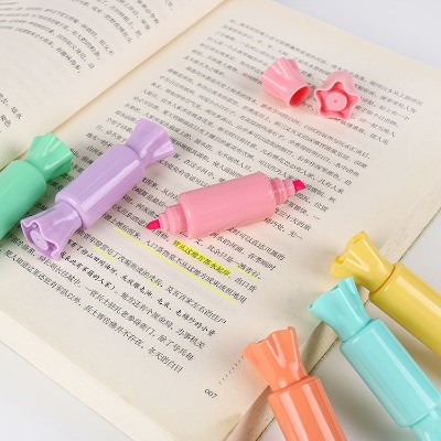 Picture of 6 Pcs Mini Cute Candy Shape Dual Tip Highlighter Pens – Fluorescent Water-Based Ink Markers with Fruit Scent | Double-End Coloring & Drawing Stationery for Students & Kids - The Asia Express - Multicolor