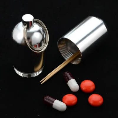 Picture of 4-Layer Capsule Type Aluminum Alloy Storage Case – Waterproof Airtight Travel Container with Keychain for Tobacco, Pills, Herbs & Small Items - The Asia Express - Silver