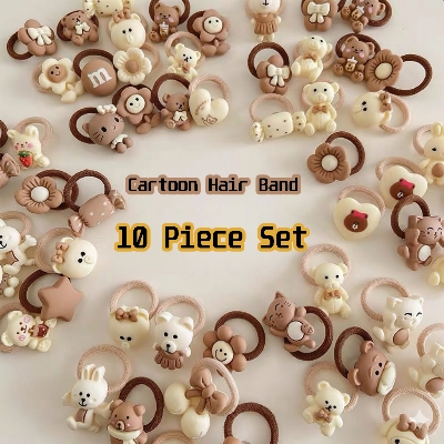 Picture of 10 pcs Premium Cute Cartoon Hair Bands for Girls – Soft Elastic 3D Hair Tie – Baby Kids Hair Accessories For Baby Girls (10 piece বাদামী Set,M)