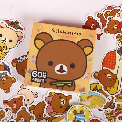 Picture of RILAKKUMA Waterproof 63 piece Pvc Sanrio Cute Bear Cartoon Sticker Box/Cartoon Handbook Stationary Sticker Bear waterproof stickers/cartoon sticker stationery (Rilakkuma 63pcs)
