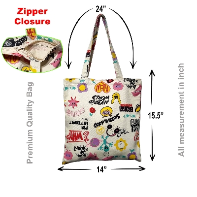 Picture of New Hipster Style Graffiti Print Canvas Tote Bag with Zipper Closure for Women Cream