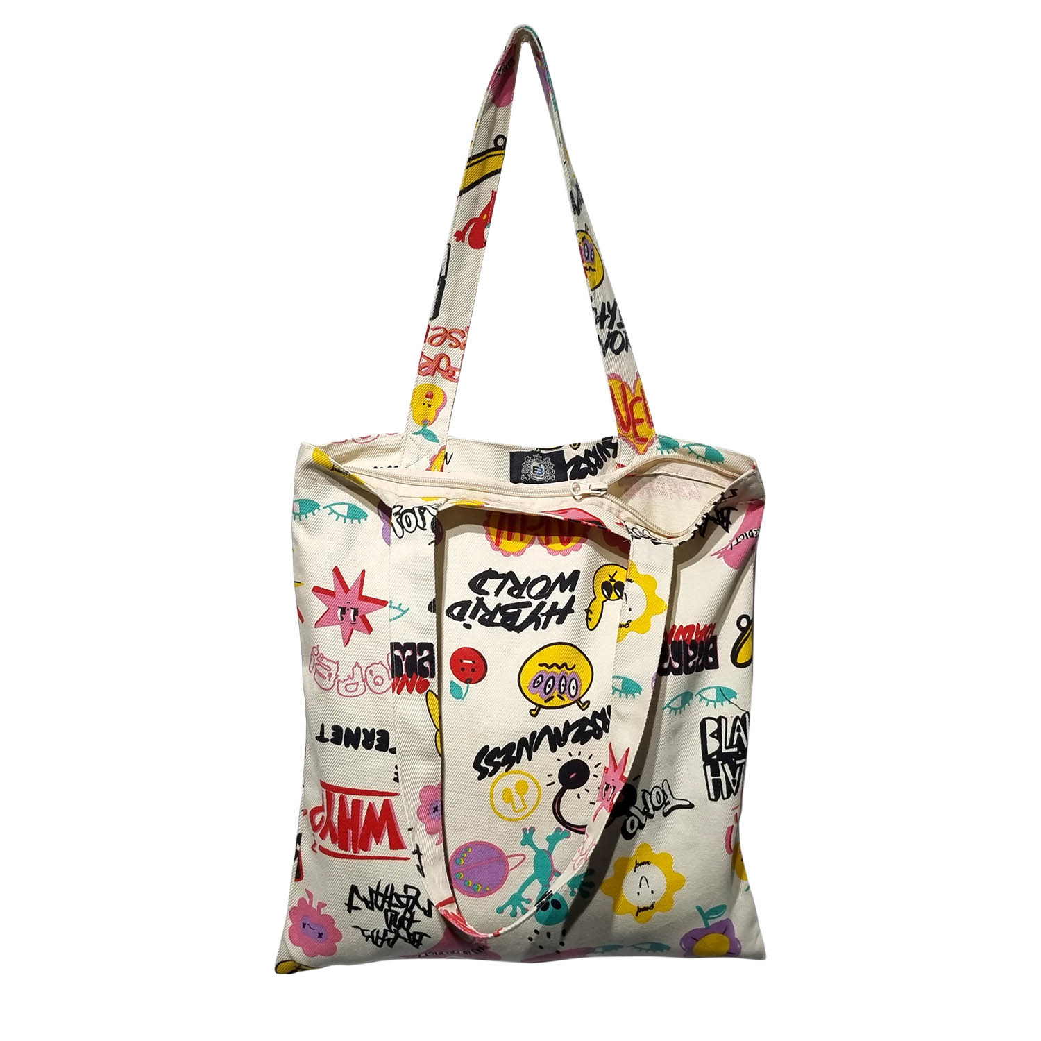 Picture of New Hipster Style Graffiti Print Canvas Tote Bag with Zipper Closure for Women Cream