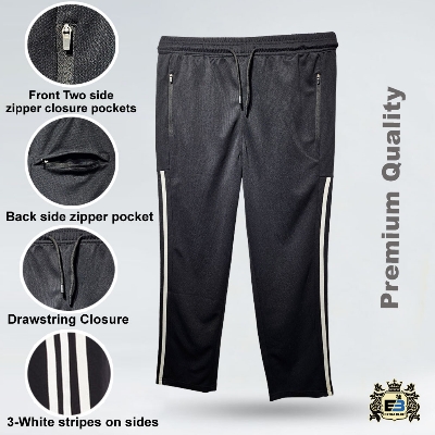 Picture of Men's Premium Quality Athletic Track Pants with Zip Pockets and Side Stripes - Full Length Drawstring Joggers Black