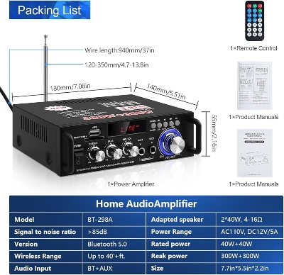 Picture of BT-298A Bluetooth Amplifier 2.0CH Stereo Receivers RMS 300W+300W Integrated FM Radio,Karaoke,HiFi Sound Amp Bluetooth 5.0 AUX MIC SD USB Input Receiver Stereo for Home,Car,Party