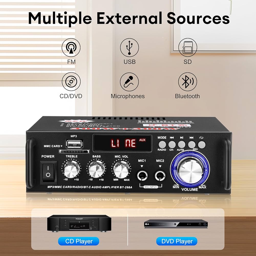 Picture of BT-298A Bluetooth Amplifier 2.0CH Stereo Receivers RMS 300W+300W Integrated FM Radio,Karaoke,HiFi Sound Amp Bluetooth 5.0 AUX MIC SD USB Input Receiver Stereo for Home,Car,Party