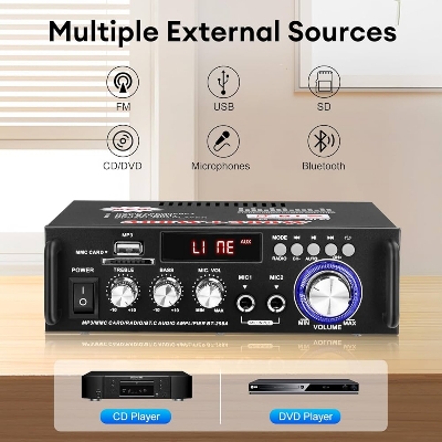 Picture of BT-298A Bluetooth Amplifier 2.0CH Stereo Receivers RMS 300W+300W Integrated FM Radio,Karaoke,HiFi Sound Amp Bluetooth 5.0 AUX MIC SD USB Input Receiver Stereo for Home,Car,Party