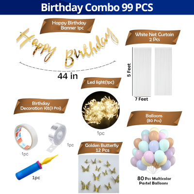 Rainbow Pastel Birthday Decor Combo – Cursive Banner, 3D Butterflies, Curtain & Balloons- (Pack of 99 Pcs)